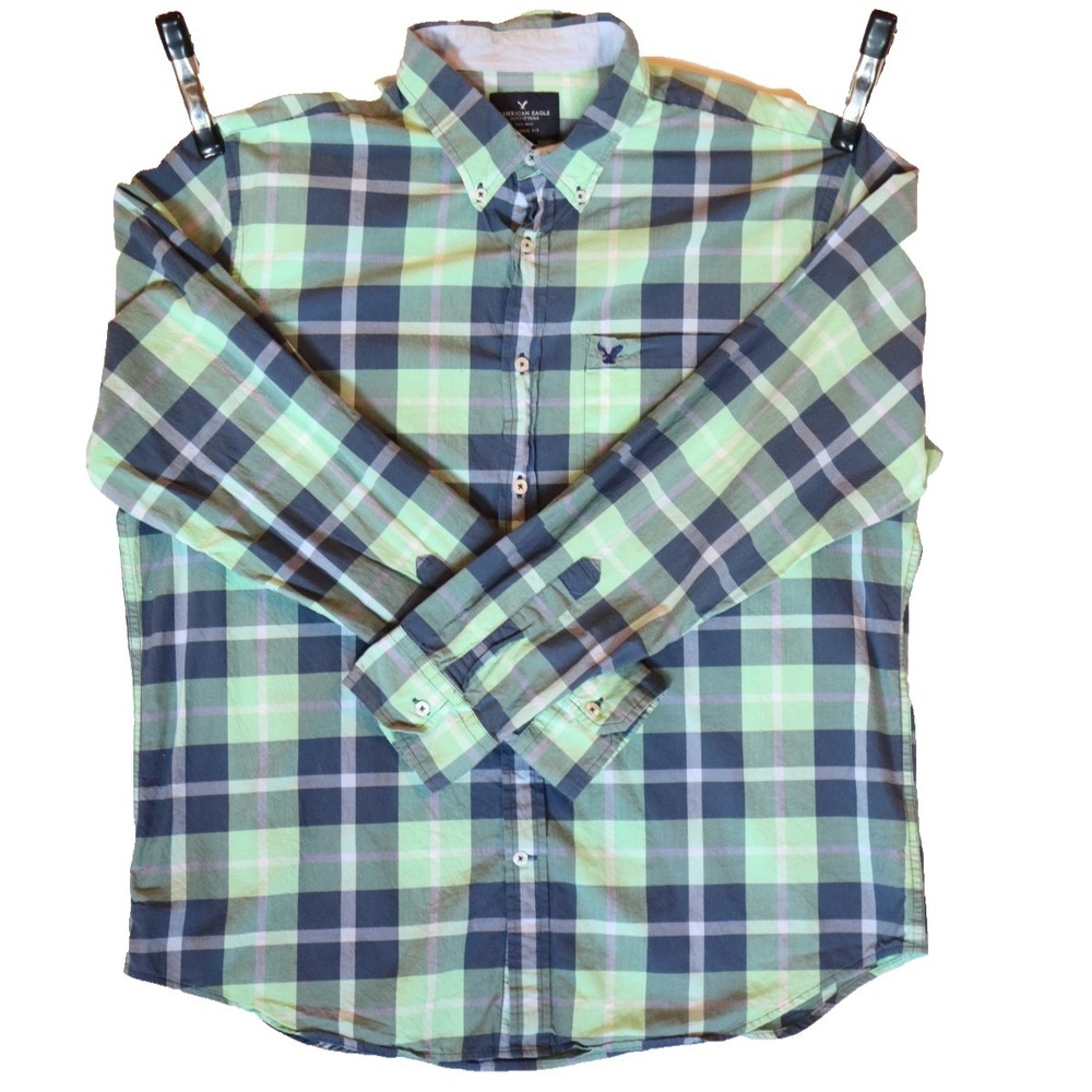 American Eagle Mens XL Classic Fit Long Sleeve Plaid Button Down Shirt Green